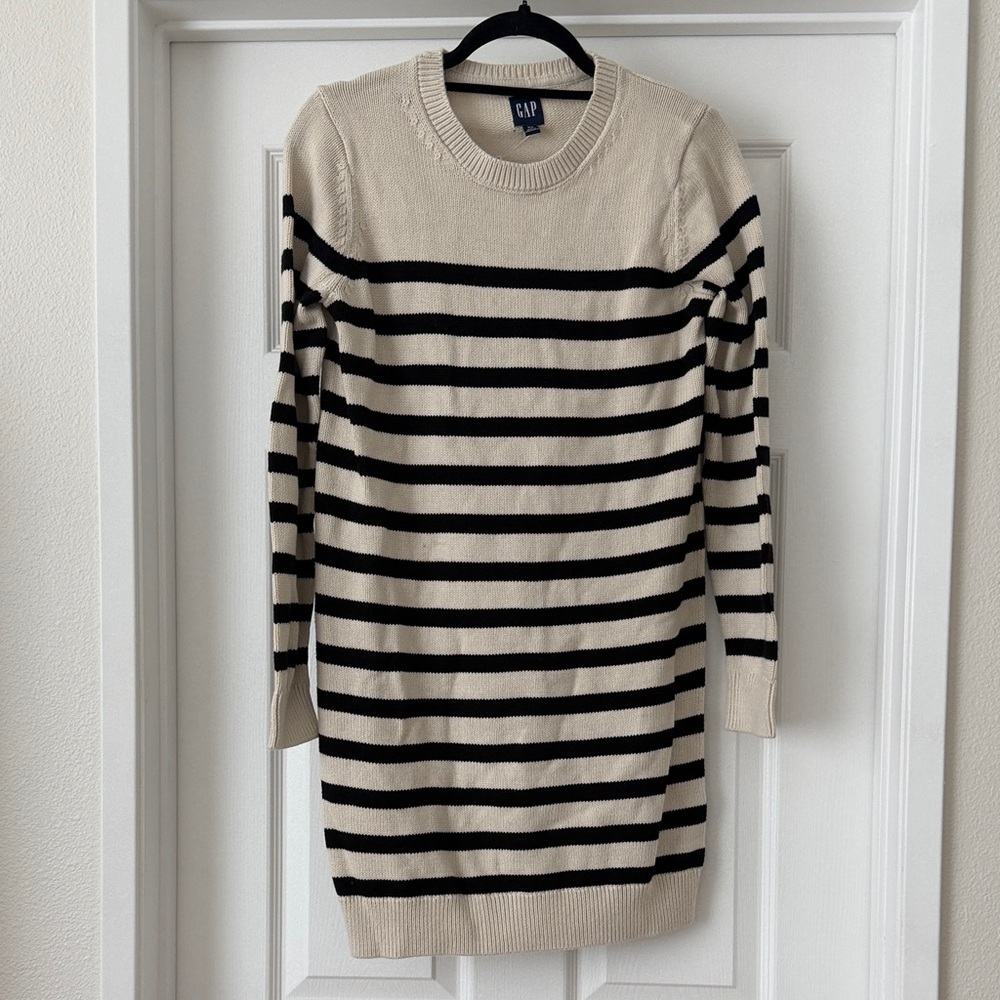 GAP Cream and Black Striped Crewneck Sweater Dress